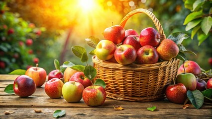 A wicker basket overflowing with fresh, red apples, nestled on a rustic wooden table, bathed in the golden glow of a setting sun.