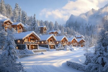 Naklejka premium A panoramic view of a snow-covered mountain resort- with luxurious chalets nestled among pine trees- glistening under soft morning light of a sunny winter day- creating a picturesque and inviting bac