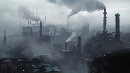 Aged Chemical Plant with Chimneys Emitting Smoke in Foggy Atmosphere
