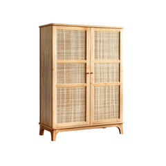 A stylish cabinet featuring a natural wood frame and woven rattan front, Isolated on white background