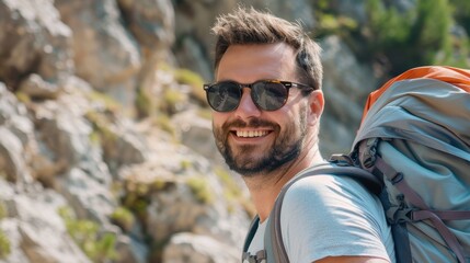 Confident adventurous individual with glasses, a cap, and a backpack enjoying a hike in the mountains. Smiling man with a beard embracing nature on a sunny day