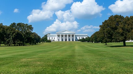 Majestic white neoclassical mansion on expansive green lawn under a vibrant blue sky.