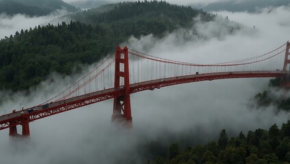 Obraz premium aerial photo of a red bridge covered in mist fog