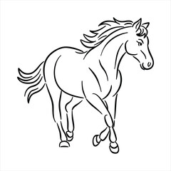 Running black line horse on white background. Vector graphic.