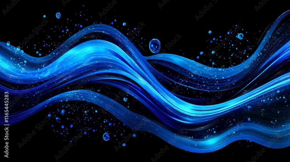 Poster fluid blue water stream with abstract bubbles and ripples for clean design element