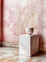 A minimalist interior featuring a marble pedestal and a simple bowl against a textured pink wall.
