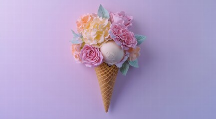 Photo of an ice cream cone with pastel flowers on it, in a flat lay composition