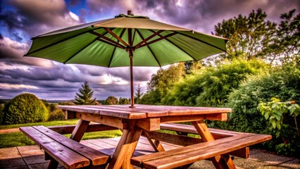 Wooden picnic table with green umbrella