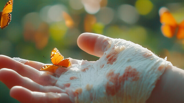 Child's hand with inflamed skin surrounded by butterflies, showcasing bullous epidermolysis and ichthyosis in a natural setting