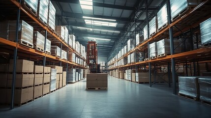 Fototapeta premium A large warehouse with high ceilings, filled with pallets of goods and shelves stacked to the ceiling. 