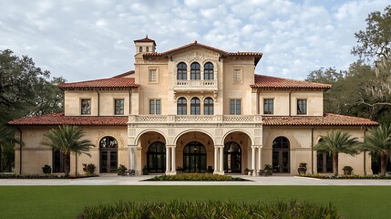 Grand Mediterranean-style mansion with red tile roof, arched entryway, and lush landscaping.