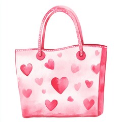 Pink Heart Patterned Tote Bag With Shoulder Straps Simple Watercolor Illustration Isolated View