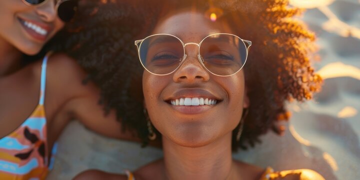 Friends enjoying a sunny summer day by the sea, relaxing together on the sand. A diverse group of young women share smiles and laughter outdoors