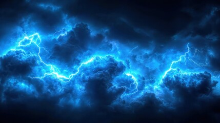 Fototapeta premium Dramatic blue lightning strikes through dark storm clouds.