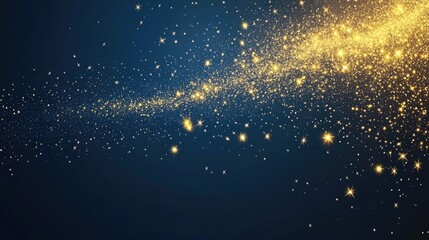 Abstract background with gold stars, particles and sparkling on navy blue. Christmas Golden light shine particles bokeh on navy blue background. 2025 New year background. Gold foil texture.