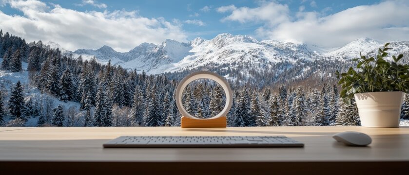 Winter Mountain View Home Office Desk Setup