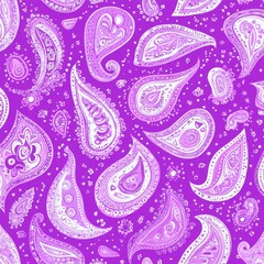 Purple Paisley Patterned Background Design with Repeating Floral Shapes and Ornamented Elements