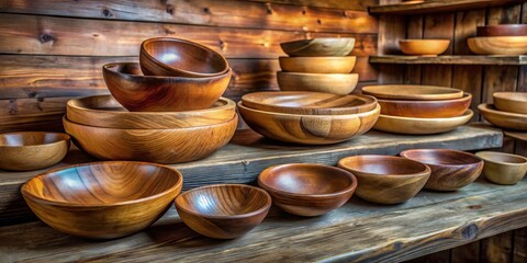 A collection of handcrafted wooden bowls arranged on rustic shelves, highlighting the natural beauty and craftsmanship of these kitchen essentials.