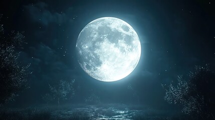 The moon is shining brightly, with the silver-white color of its surface reflecting light in all directions. 