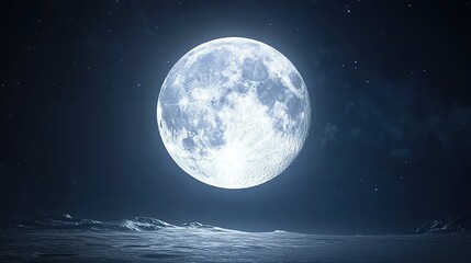 The moon is shining brightly, with the silver-white color of its surface reflecting light in all directions. 