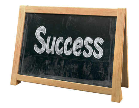 chalkboard displays the word Success in bold, white lettering, transparent image