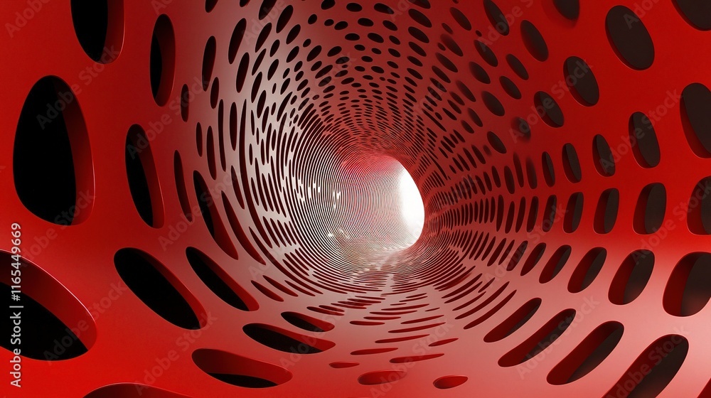 Poster abstract curved surfaces with halftone dots in red background