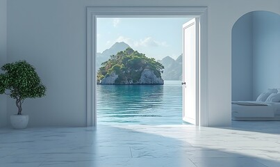 An opened door in a white room leading to a view of a heavenly retreat