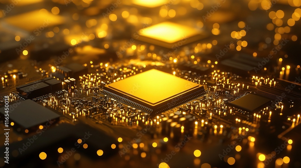 Poster golden circuit board with detailed background and computing elements