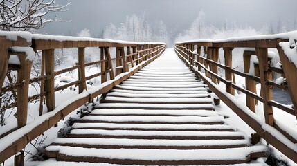 A snowy wooden bridge stretches across a tranquil winter landscape, its surface dusted with fresh snow, inviting peaceful walks on a cold winter day.
