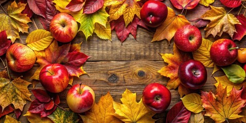 A rustic wooden surface adorned with vibrant red apples and colorful autumn leaves, creating a warm and inviting seasonal backdrop.