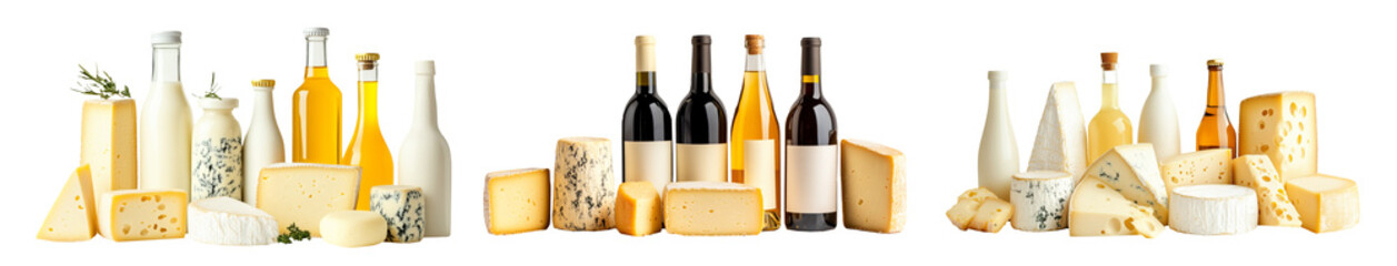 Naklejka premium Set of cheeses, milk bottles, and oil bottles isolated on white background. Concept of dairy and oil products.