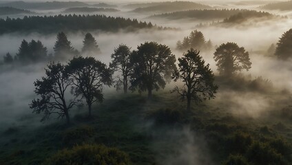 misty morning in the mountains, panoramic aerial photo of a hill with fog