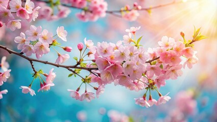 Obraz premium A delicate branch adorned with a vibrant cluster of pink blossoms, basking in the warm glow of the sun against a serene blue backdrop.
