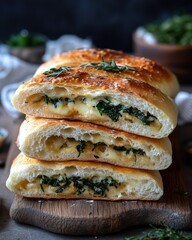 Stack of three savory pastries filled with cheese and spinach, on a wooden board.