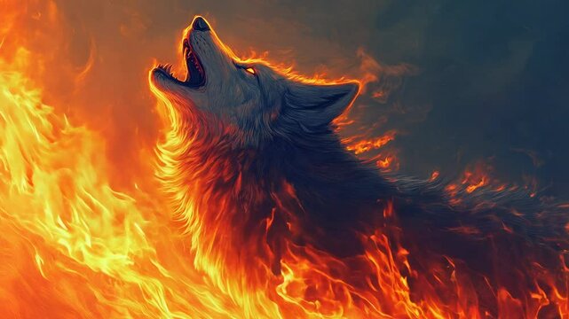 A fiery wolf howling at a blazing sunset, its fur flickering with flames, symbolizing loyalty and wild spirit. Background
