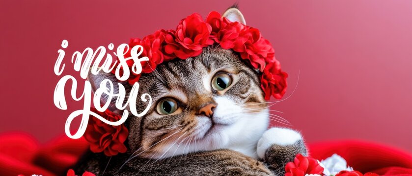 S&uuml;&szlig;e Katze mit roter Blumenkrone  Ich vermisse dich