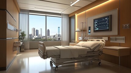 A modern hospital room with sleek, high-tech medical equipment and comfortable patient beds.