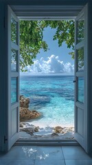 An opened door in a white room leading to a view of a heavenly retreat