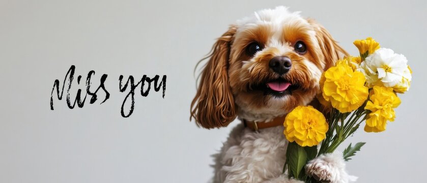 Niedlicher Hund mit Blumenstrau&szlig;  vermisse dich Karte