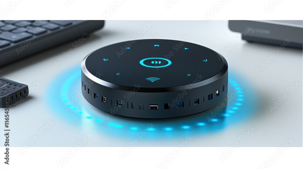 Poster modern wireless speaker with touch controls and connectivity.