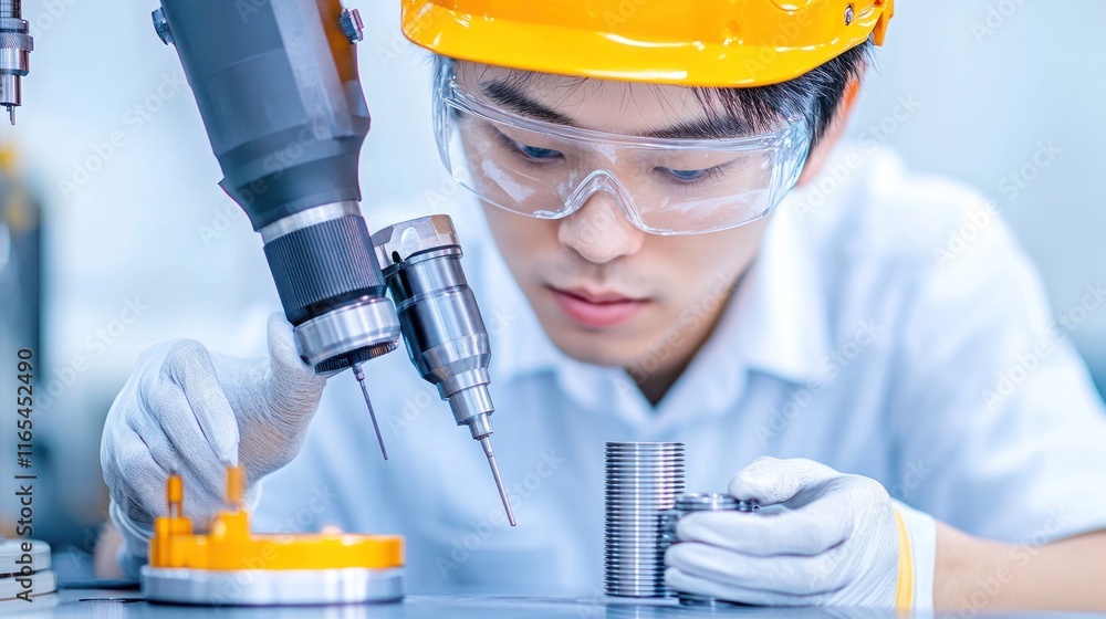 Poster young engineer working on precision machinery in a lab setting.