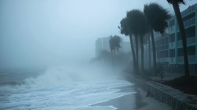 A hurricane hitting the Florida coast, with palm trees swaying, high waves crashing, and a foggy atmosphere.