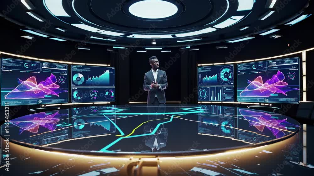 Poster technology professional presents business analytics in a futuristic control room setting with intera
