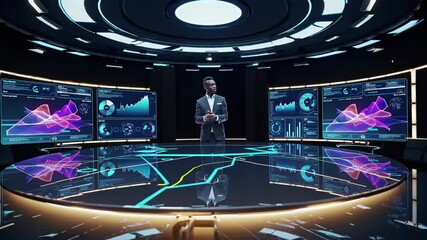 Technology professional presents business analytics in a futuristic control room setting with interactive screens and data visuals