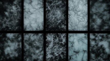 Abstract marble texture in shades of black and white, displayed in a grid layout. Elegant design for backgrounds or textures