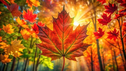 Obraz premium A single vibrant maple leaf illuminated by the golden rays of the setting sun, surrounded by a tapestry of autumn foliage.