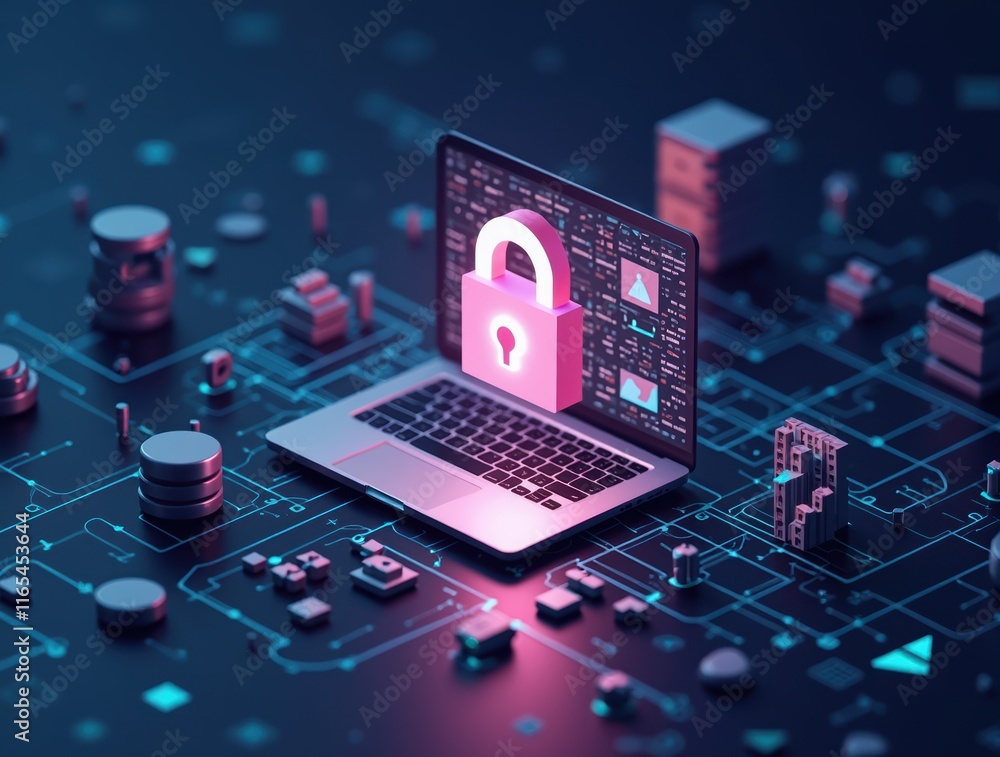 Poster digital security concept with laptop and lock symbol on network graphic background
