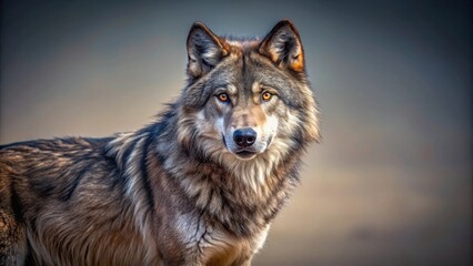 Fototapeta premium A wolf's intense gaze, piercing amber eyes, and thick, rich fur capture the essence of a wild spirit in a moment of contemplation.