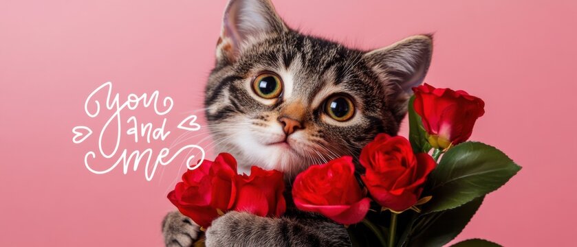 Niedliche Katze mit Rosenstrau&szlig; f&uuml;r Valentinstag  romantisches Haustierfoto