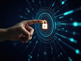Modern Cybersecurity Concept Depicting Finger Touching Lock Symbol on Digital Screen